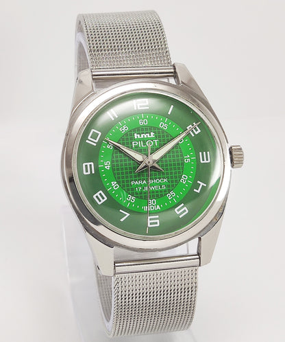 HMT Pilot Para Shock 17 Jewels Green Dial Mechanical Hand winding Men's Wrist Watch Discover-Diamonds