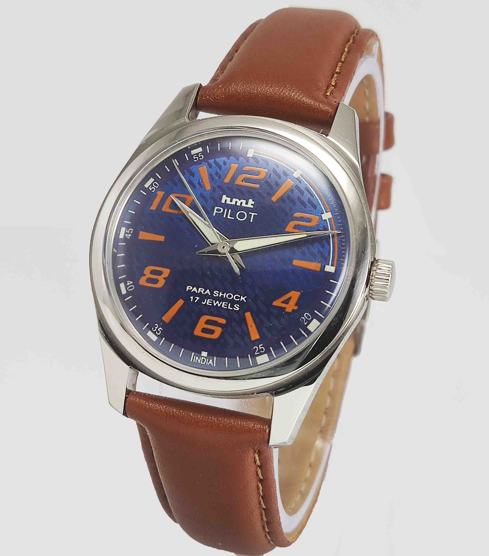 HMT Pilot Para Shock 17 Jewels Navy Blue Color Dial Transparent Back Mechanical Hand winding Men's Wrist Watch Discover-Diamonds