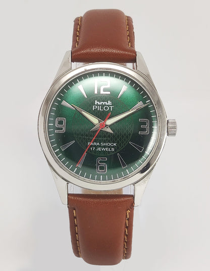 HMT Pilot Para Shock 17 Jewels Green Dial Radium Hands Mechanical Hand winding Men's Wrist Watch Discover-Diamonds