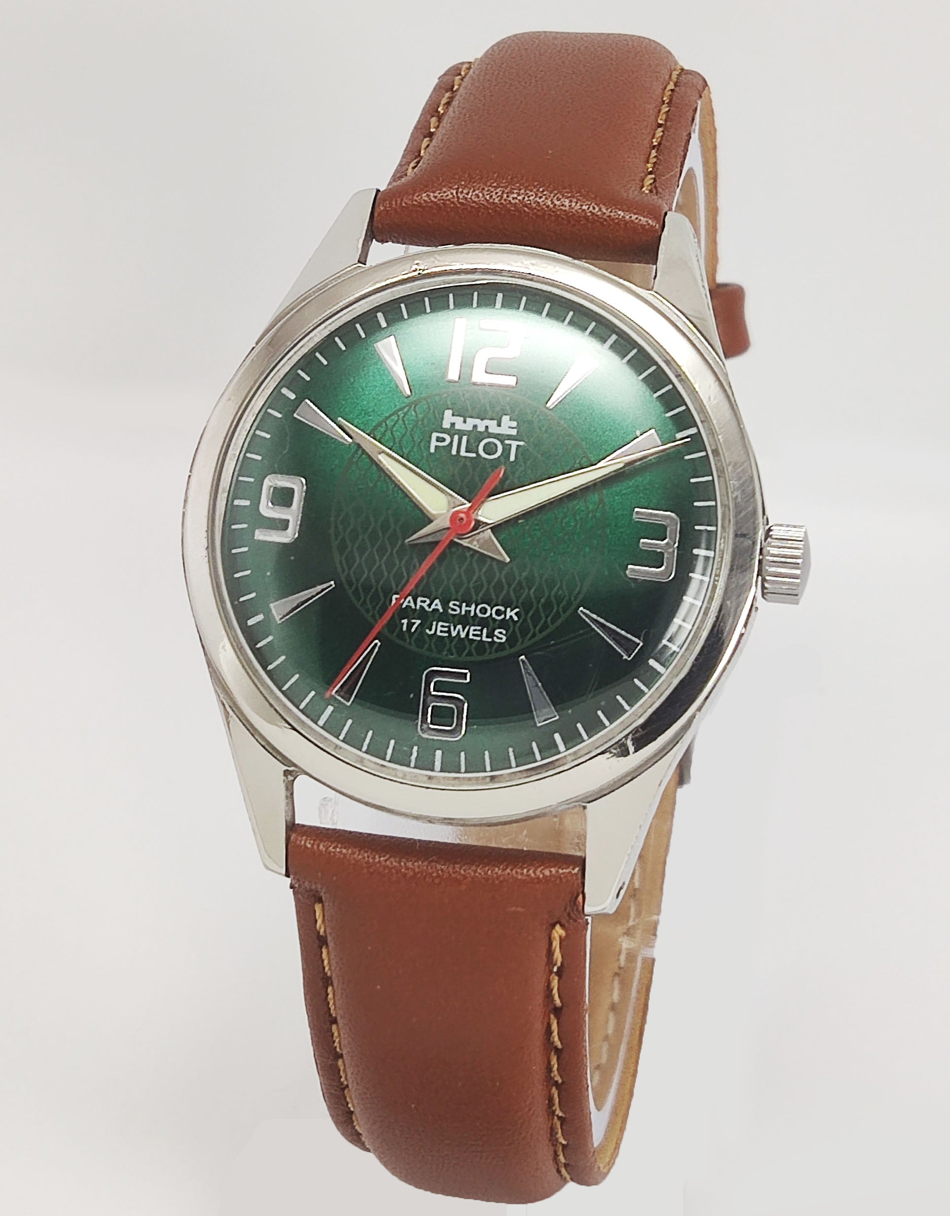 HMT Pilot Para Shock 17 Jewels Green Dial Radium Hands Mechanical Hand winding Men's Wrist Watch Discover-Diamonds