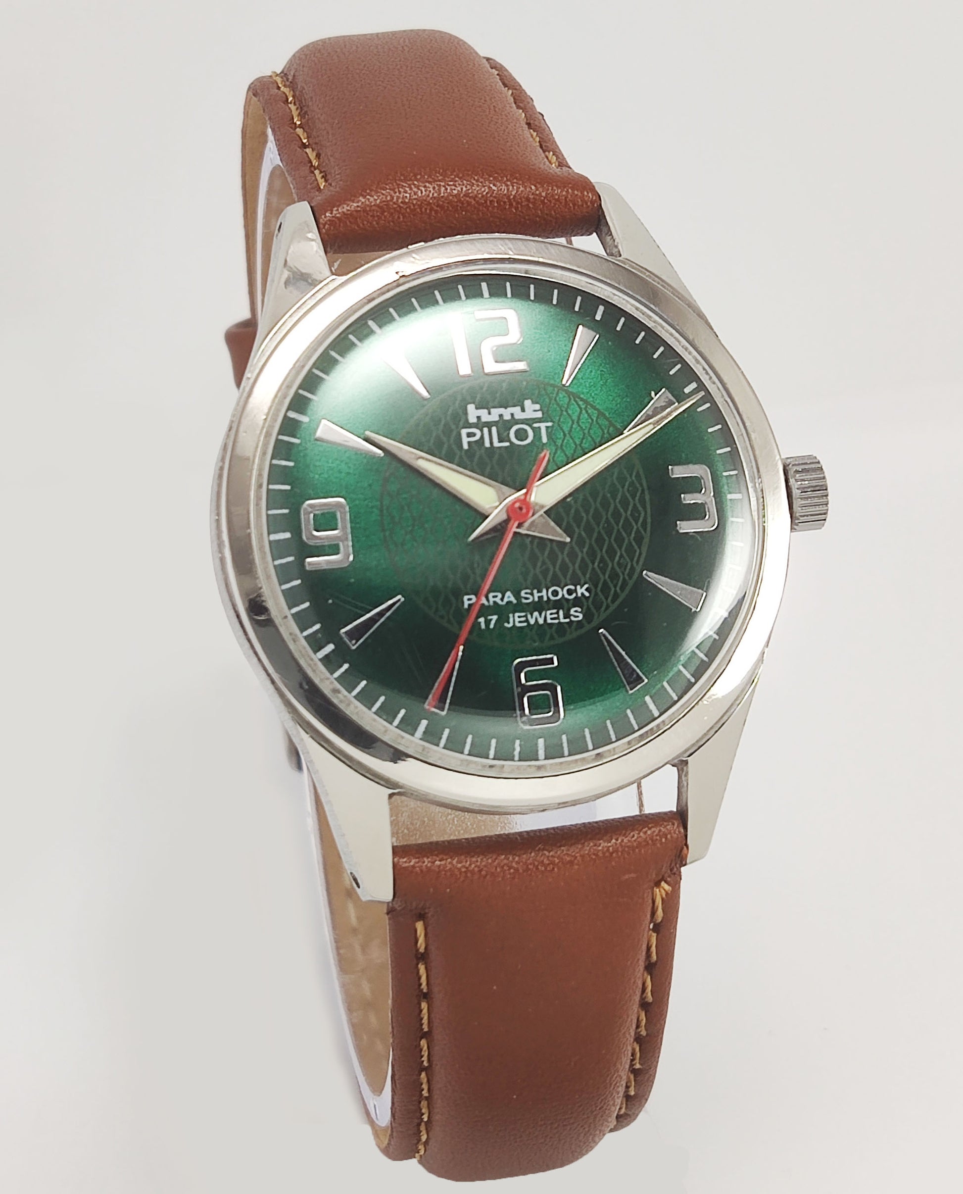 HMT Pilot Para Shock 17 Jewels Green Dial Radium Hands Mechanical Hand winding Men's Wrist Watch Discover-Diamonds