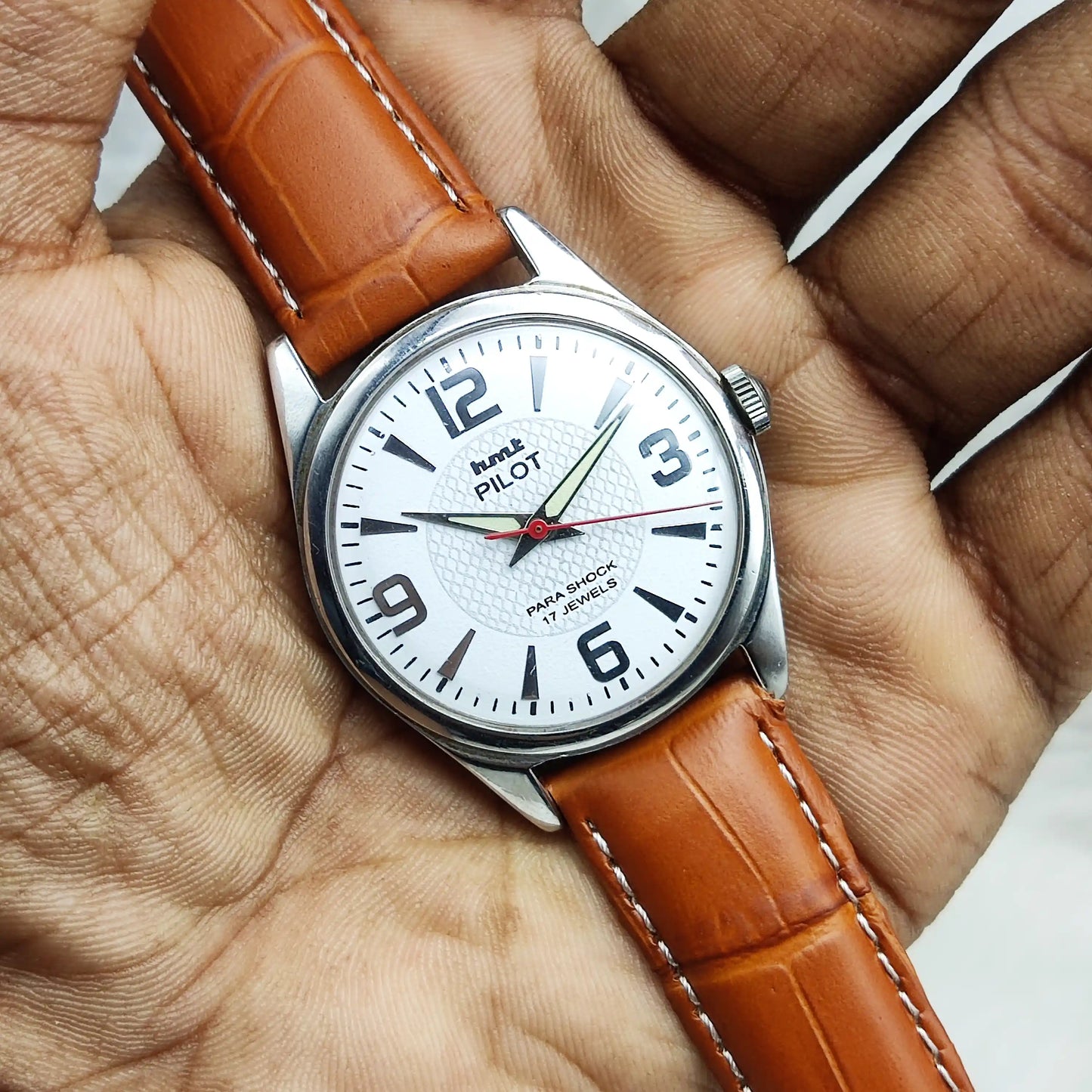 HMT Pilot White Stick Dial Watch - English Numerals, 17 Jewels, Handwinding Men's Timepiece