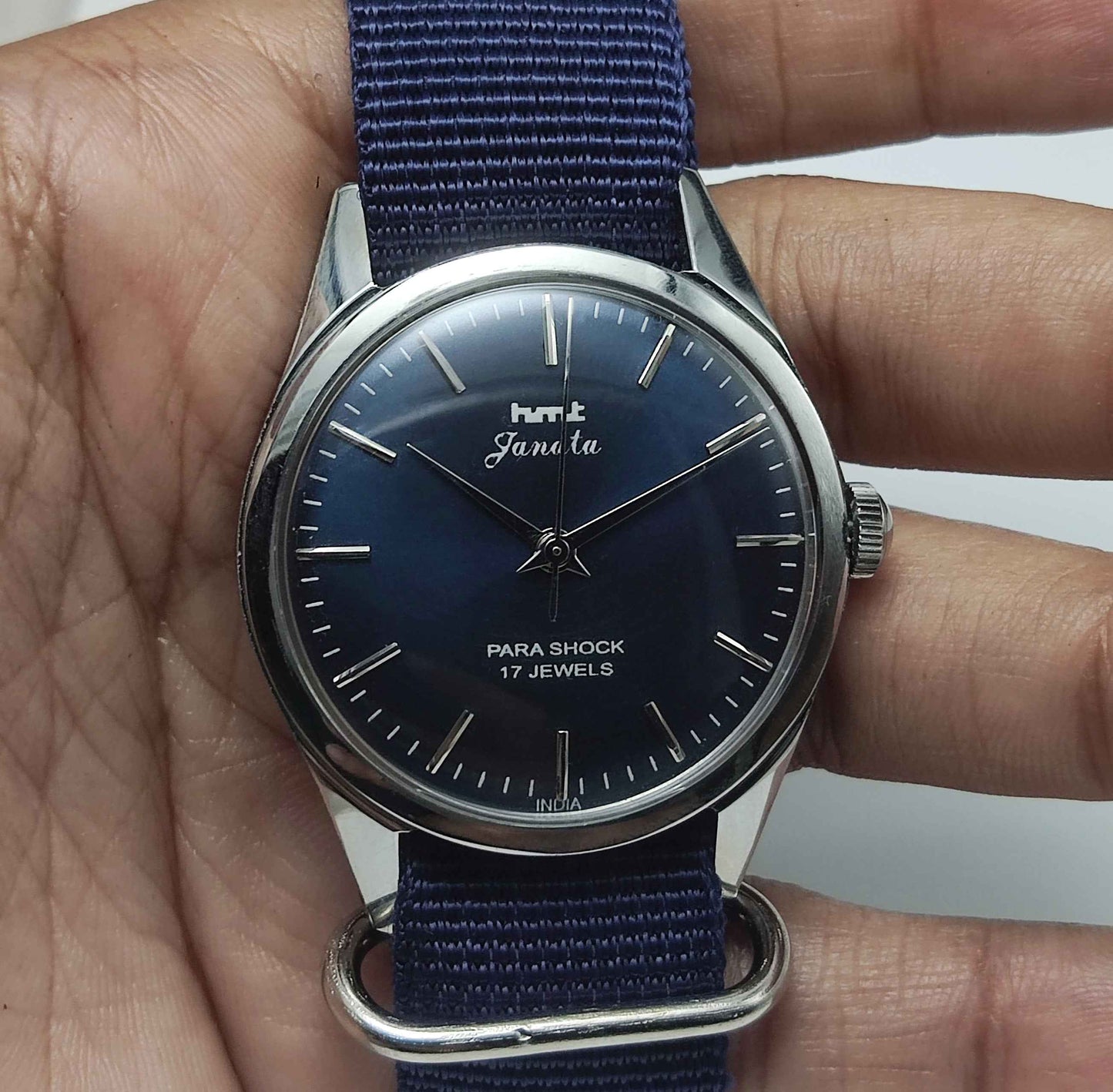 HMT Janata Handwinding Bluish Dial Watch with Stick Indices