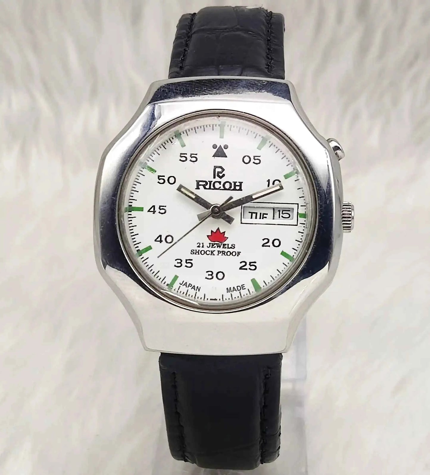 Ricoh White Dial 21 Jewels Shock Proof English Numerals Day Date Automatic Watch