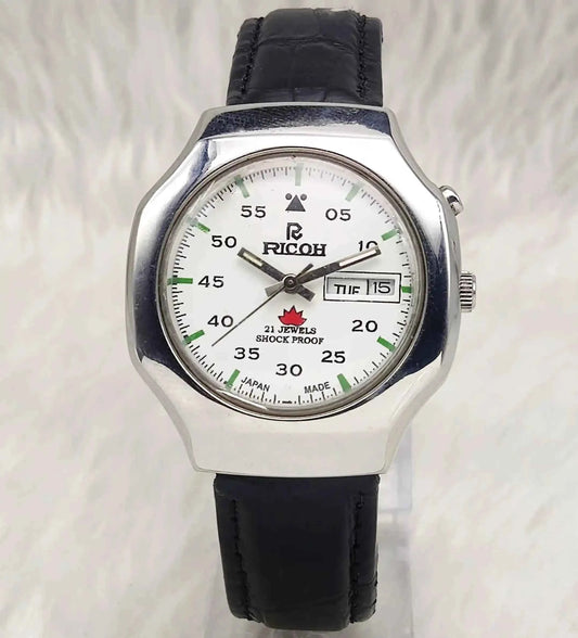 Ricoh Automatic White Dial 21 Jewels Shock Proof English Numerals Day Date Men's Watch