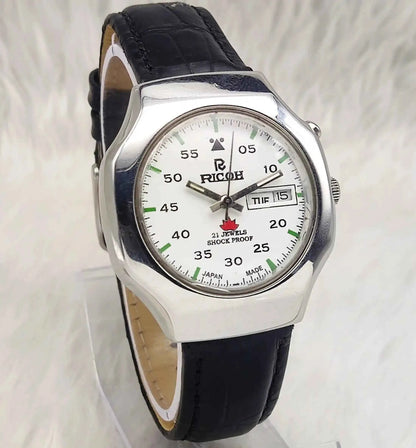 Ricoh White Dial 21 Jewels Shock Proof English Numerals Day Date Automatic Watch