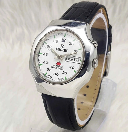 Ricoh White Dial 21 Jewels Shock Proof English Numerals Day Date Automatic Watch