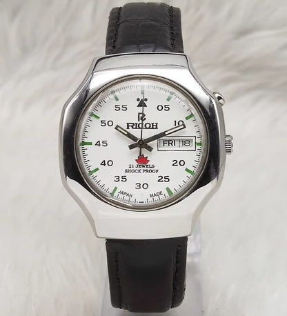 Ricoh Men's Watch - Automatic White Dial, 21 Jewels, Shock Proof, English Numerals, Day Date Feature