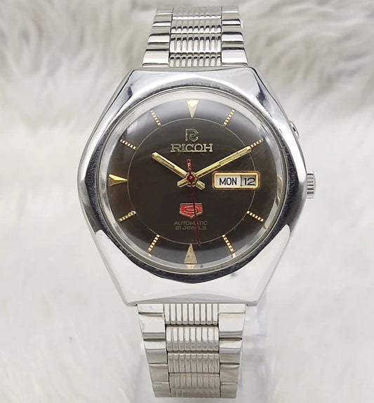 Ricoh 9 Automatic Watch - Black Brownish Dial, 21 Jewels, Day Date Feature
