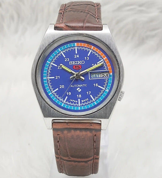Seiko 5 Automatic Blue Dial Watch 7019A Day Date 21 Jewels
