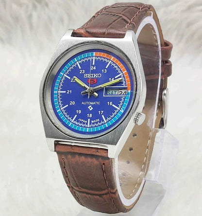 Seiko 5 Automatic Blue Dial Watch 7019A Day Date 21 Jewels