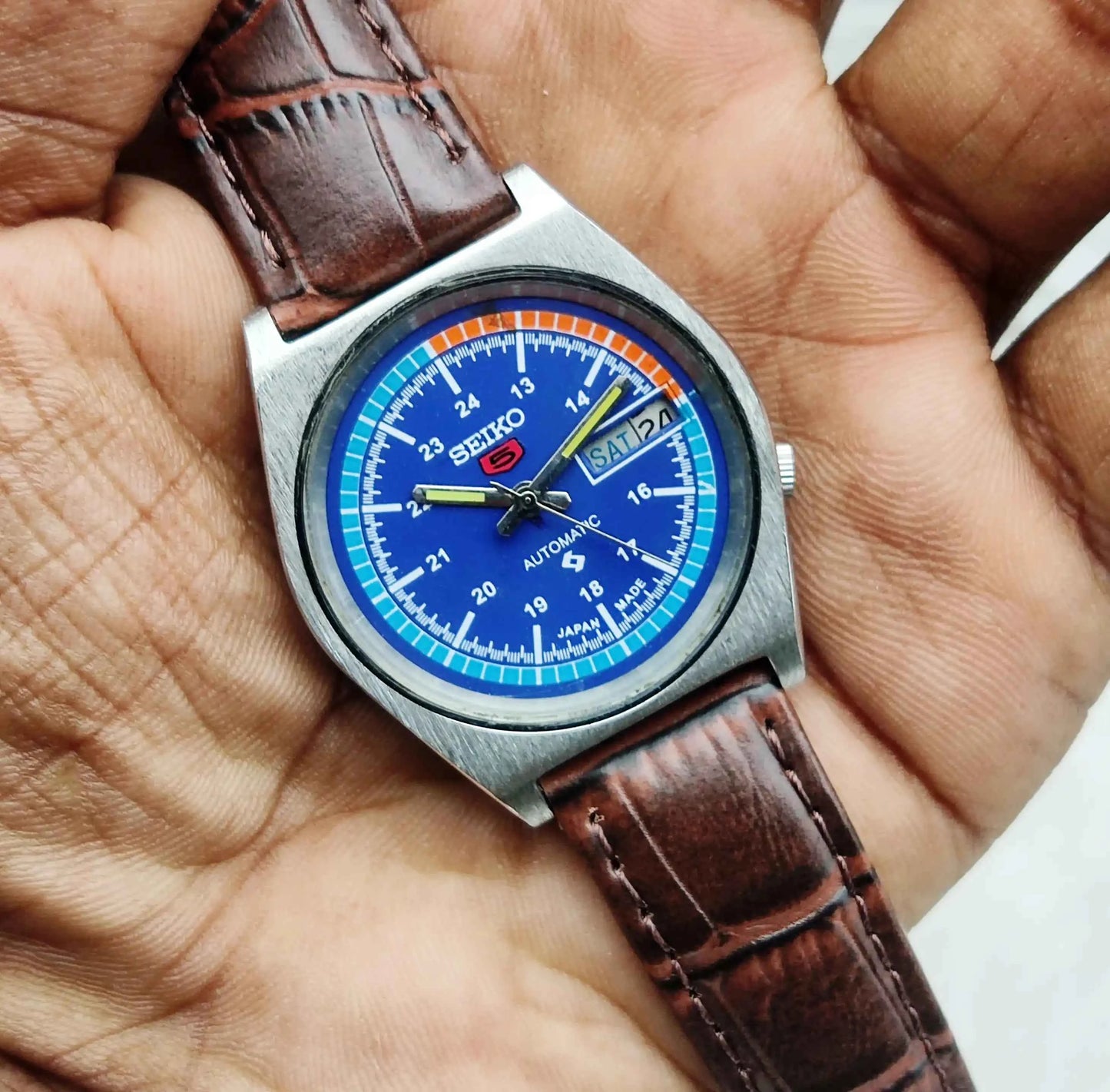Seiko 5 Automatic Blue Dial Watch 7019A Day Date 21 Jewels