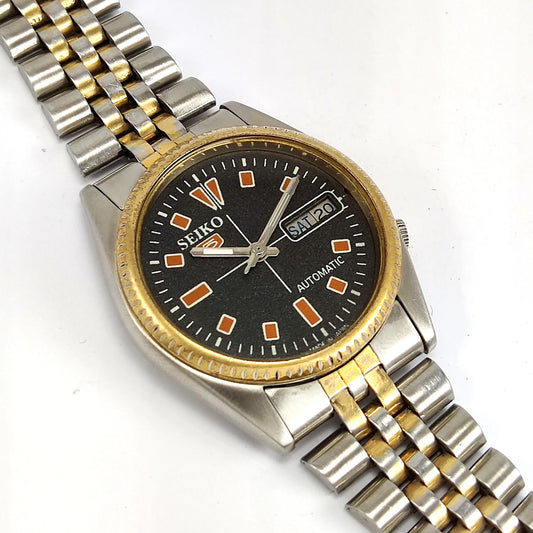 Seiko 5 Mechanical Automatic-7009A Black Dial 17 Jewels Golden Bezel Day Date Men's Wrist Watch Discover-Diamonds