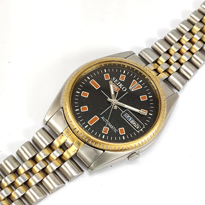 Seiko 5 Mechanical Automatic-7009A Black Dial 17 Jewels Golden Bezel Day Date Men's Wrist Watch Discover-Diamonds