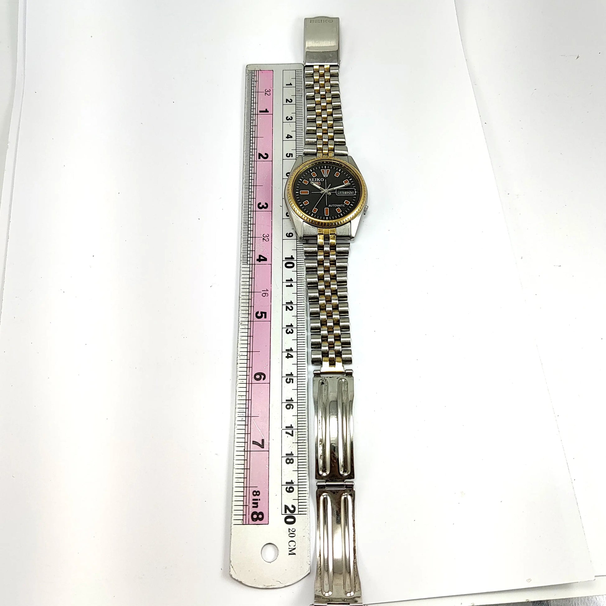 Seiko 5 Mechanical Automatic-7009A Black Dial 17 Jewels Golden Bezel Day Date Men's Wrist Watch Discover-Diamonds