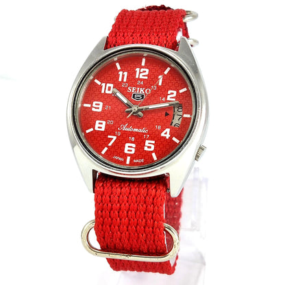 Seiko 5 Mechanical Automatic-7009A Red Dial 17 Jewels Day Date Rubber Band Men's Wrist Watch - Discover-Diamonds