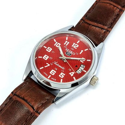 Seiko 5 Automatic-6309A Red Dial 17 Jewels Day Date Men's Wrist Watch - Discover-Diamonds