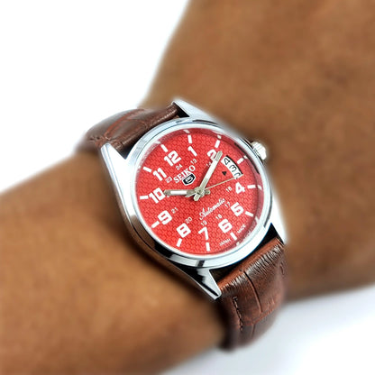 Seiko 5 Automatic-6309A Red Dial 17 Jewels Day Date Men's Wrist Watch - Discover-Diamonds