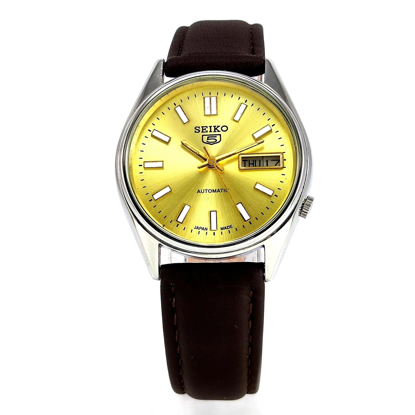 Seiko 5 Automatic-7009A Golden Dial 17 Jewels Day Date Men's Wrist Mechanical Watch - Discover-Diamonds