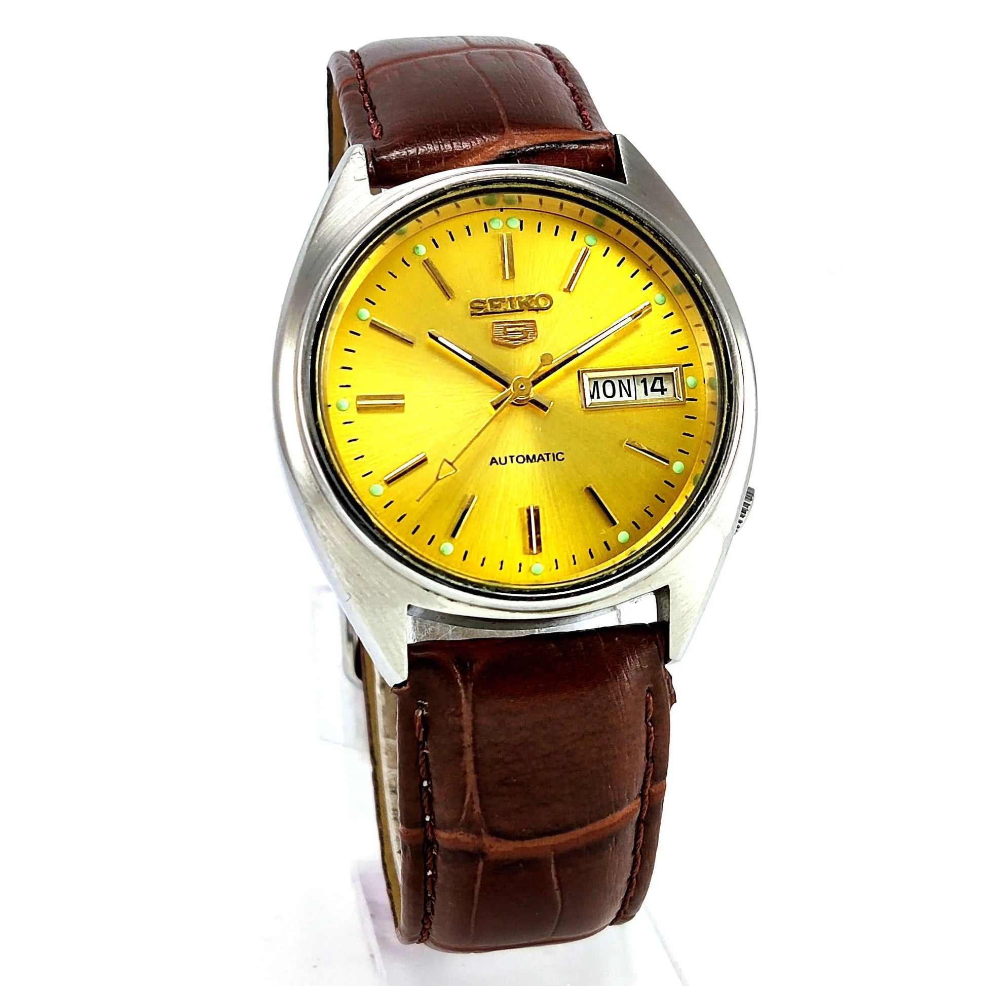 Seiko 5 Mechanical Automatic-6309 Golden Dial 17 Jewels Day Date Men's Wrist Watch - Discover-Diamonds