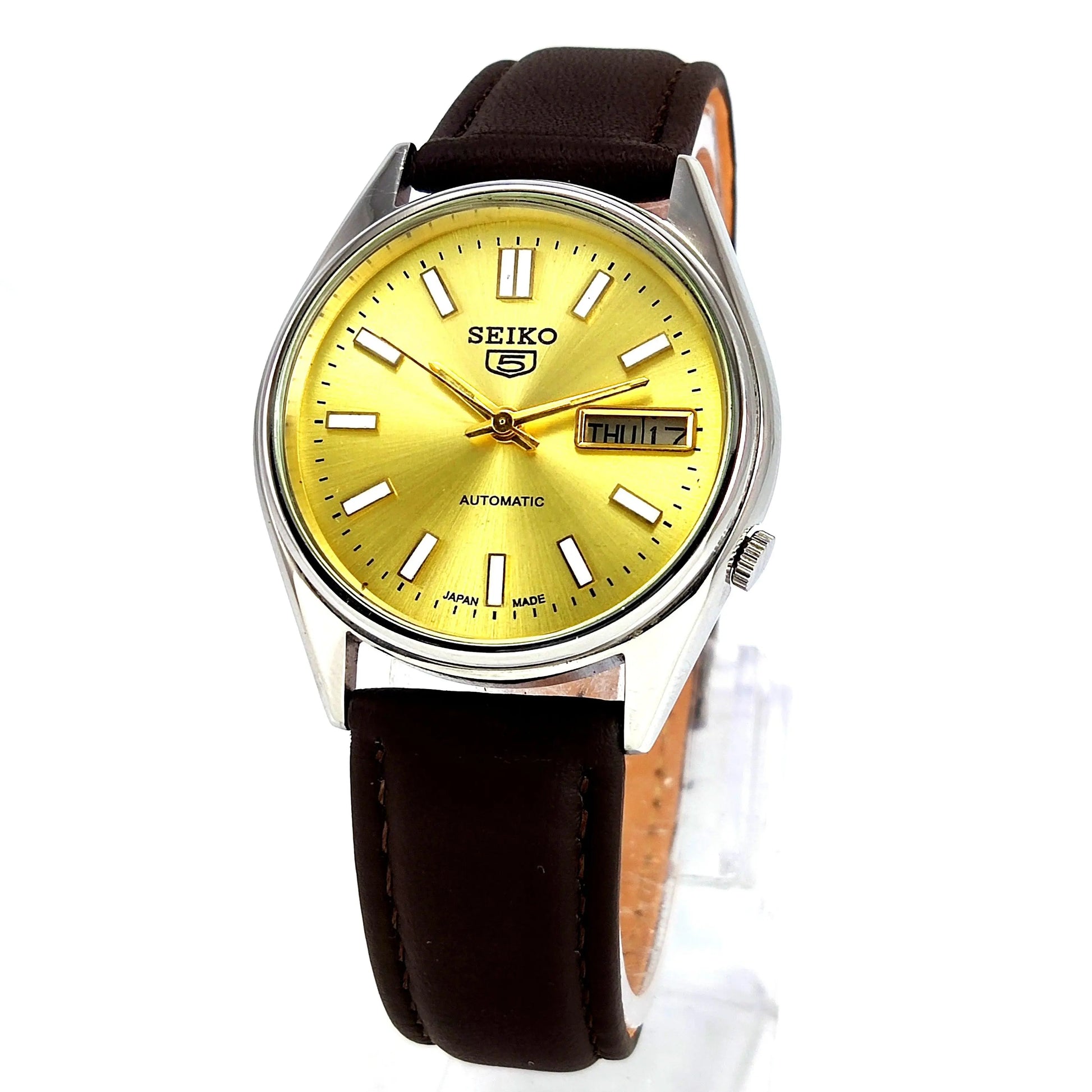 Seiko 5 Automatic-7009A Golden Dial 17 Jewels Day Date Men's Wrist Mechanical Watch - Discover-Diamonds