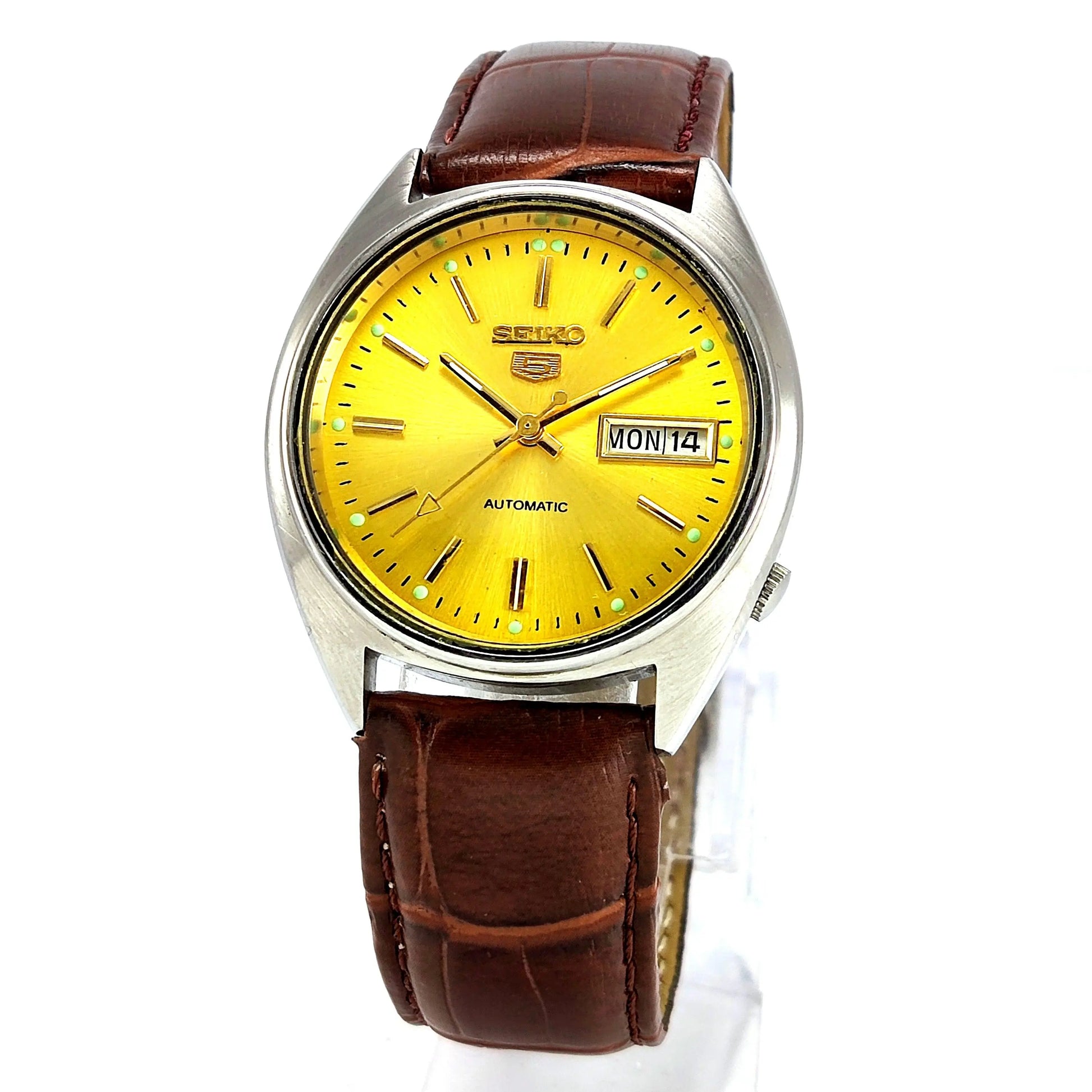 Seiko 5 Mechanical Automatic-6309 Golden Dial 17 Jewels Day Date Men's Wrist Watch - Discover-Diamonds