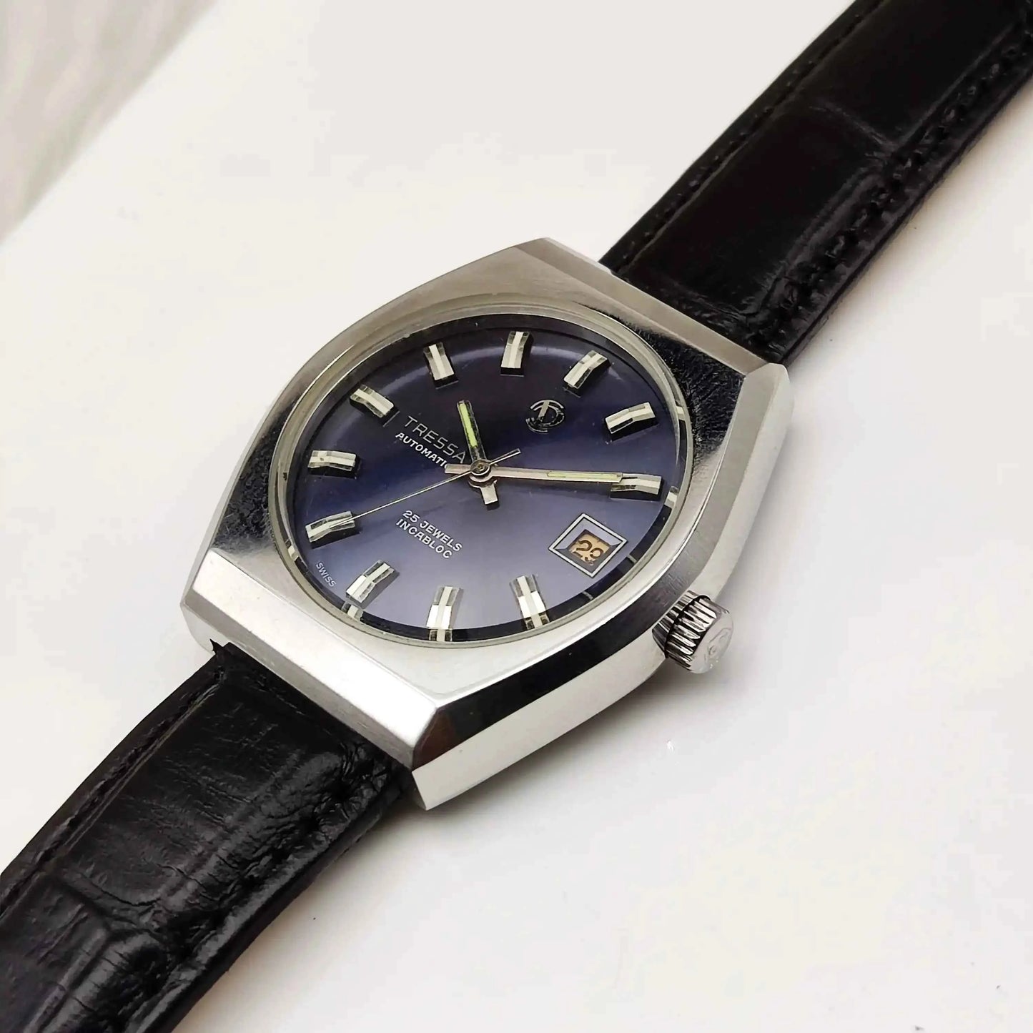 Tressa Automatic 25 Jewels Incabloc Dark Blue Stick Indices Dial Day Date 2066 Men's Watch