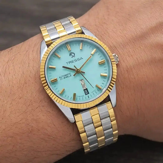 Tressa Turquoise Dial 21 Jewels Day Date Swiss Made Automatic Watch