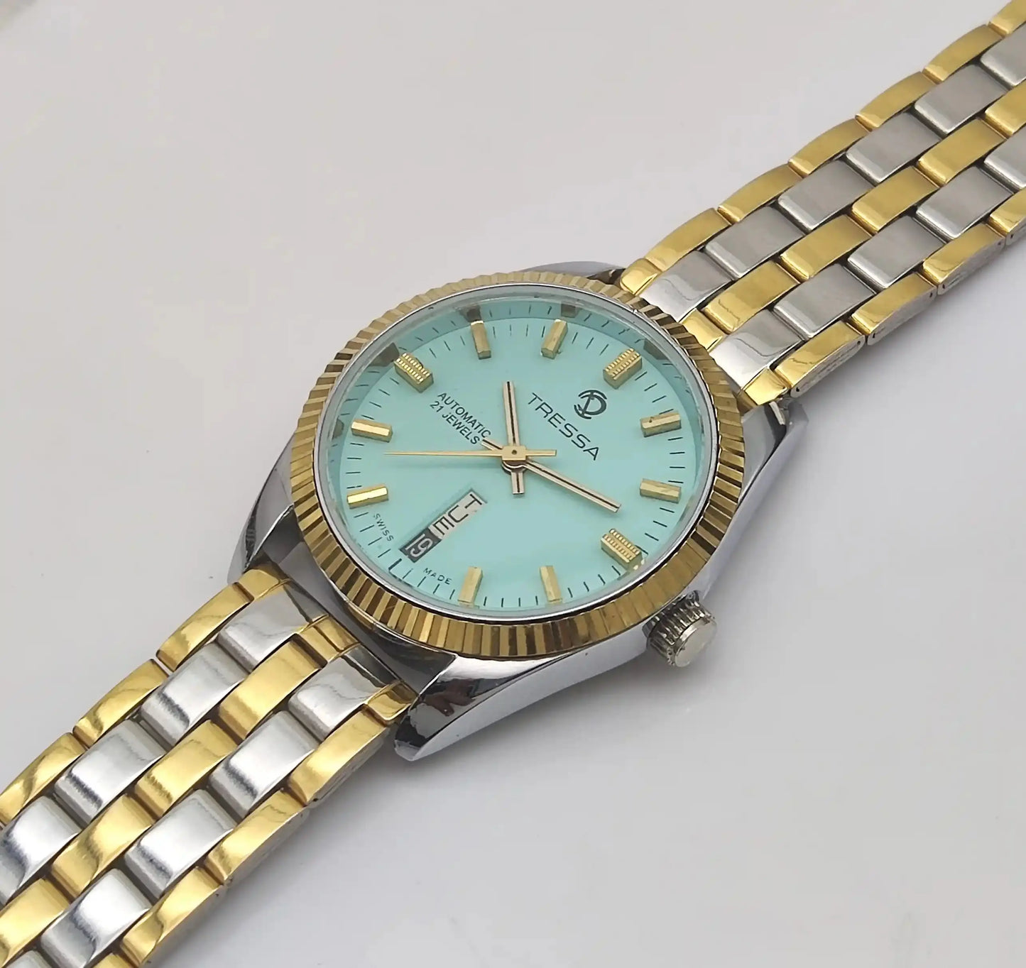 Tressa Turquoise Dial 21 Jewels Day Date Swiss Made Automatic Watch