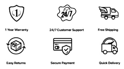 Set of icons representing warranty, support, shipping, returns, payment, and delivery services.